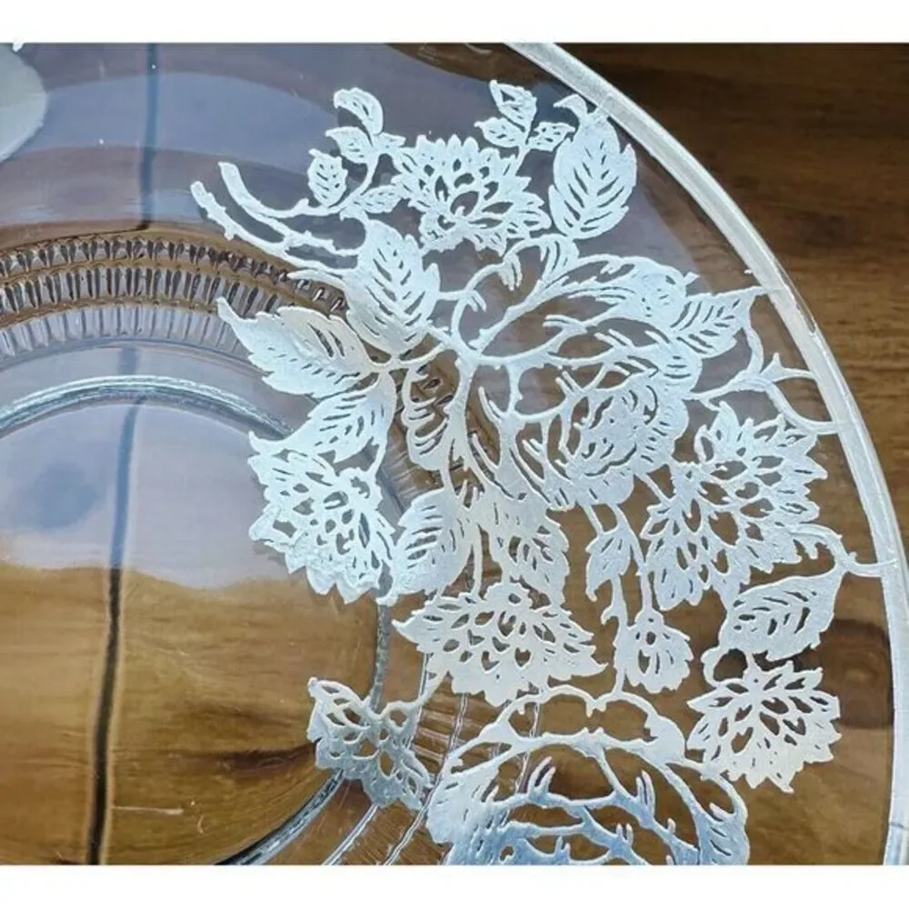 Vintage Floral‎ Leaf Silver Overlay Glass Plate W/Handles Silver Trim 8